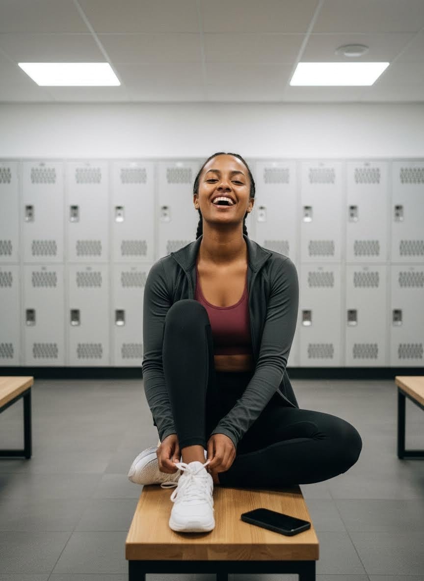 A woman sitting on a gym locker-room bench lacing her trainers, laughing, with her phone on the bench beside her.