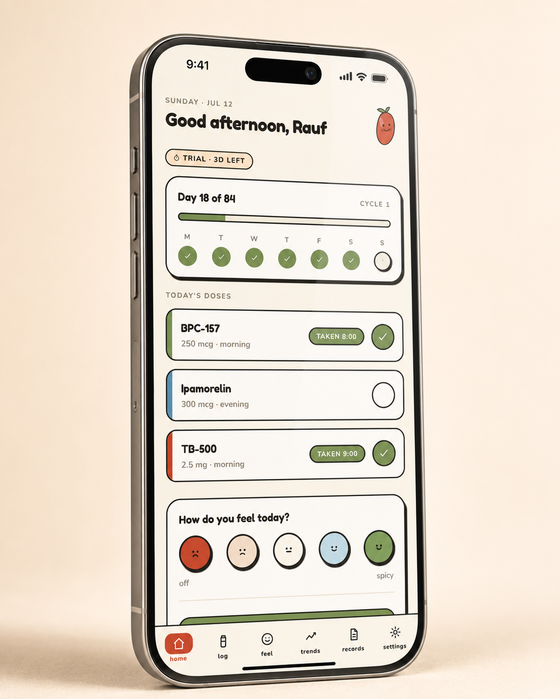 Piri home screen showing a cycle, today's routine and daily check-in