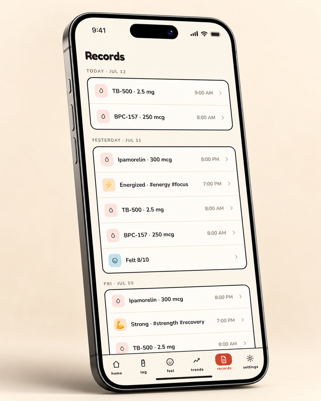 Piri records screen showing a searchable activity history
